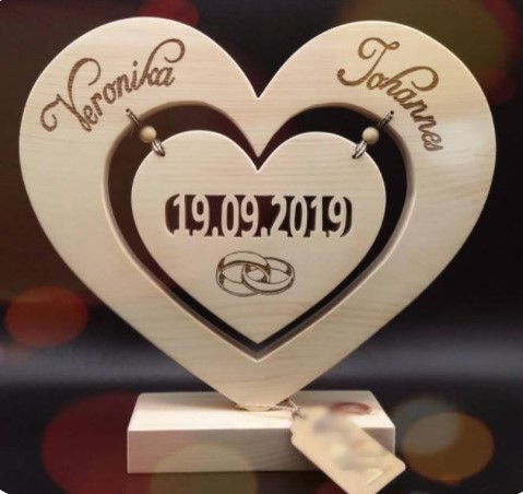 8. Name and Date in Hearts Wooden Engraved Wedding Gifts 